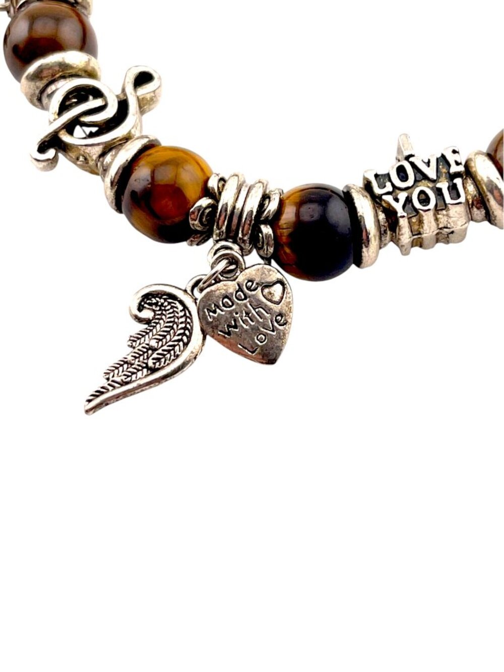 Tiger’s Eye Charm Bracelet Boho Stretch Beaded Silver Tone Mermaid Clover - Picture 9 of 11